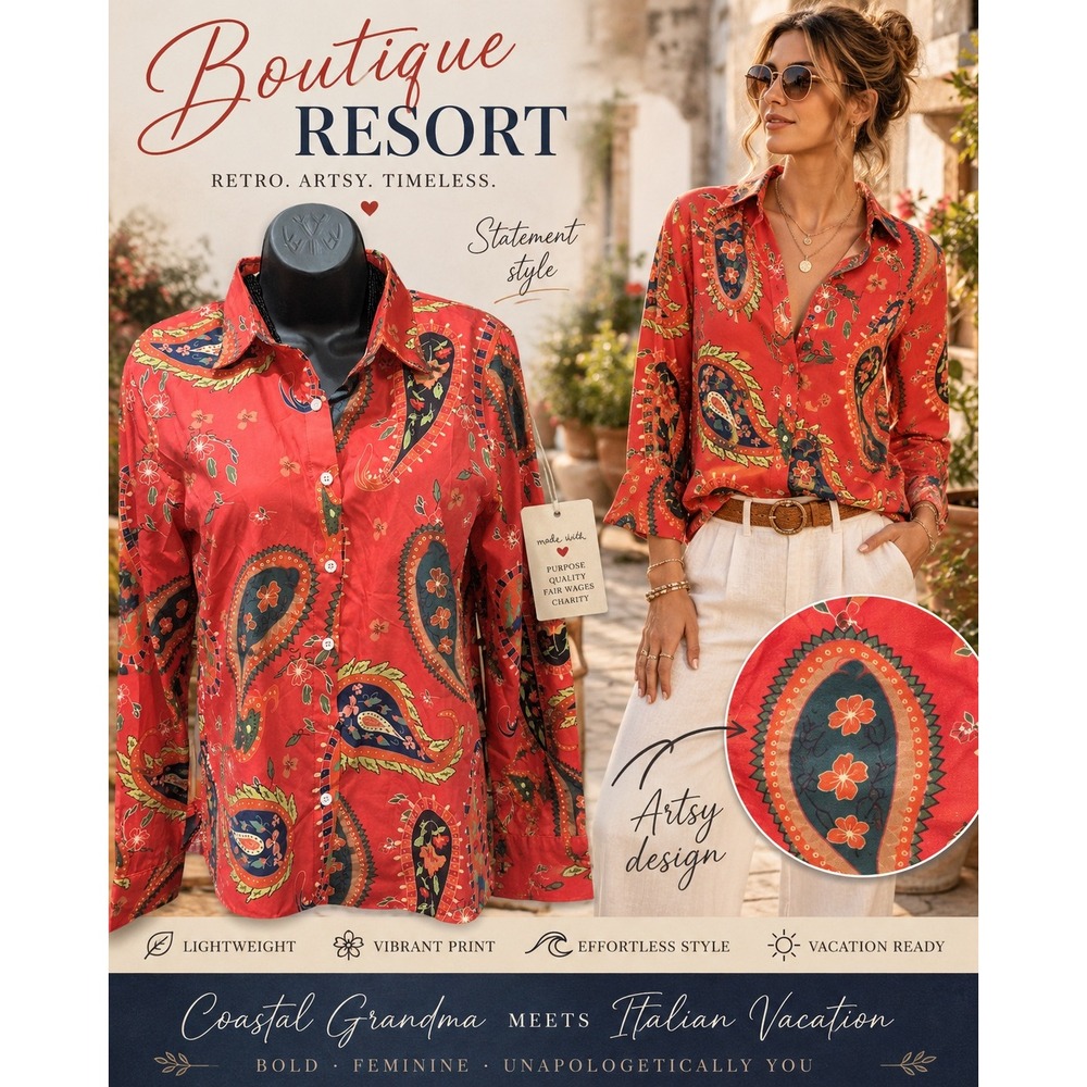 Boutique Resort Coral Paisley Blouse Retro Boho Chic Coastal Grandma M